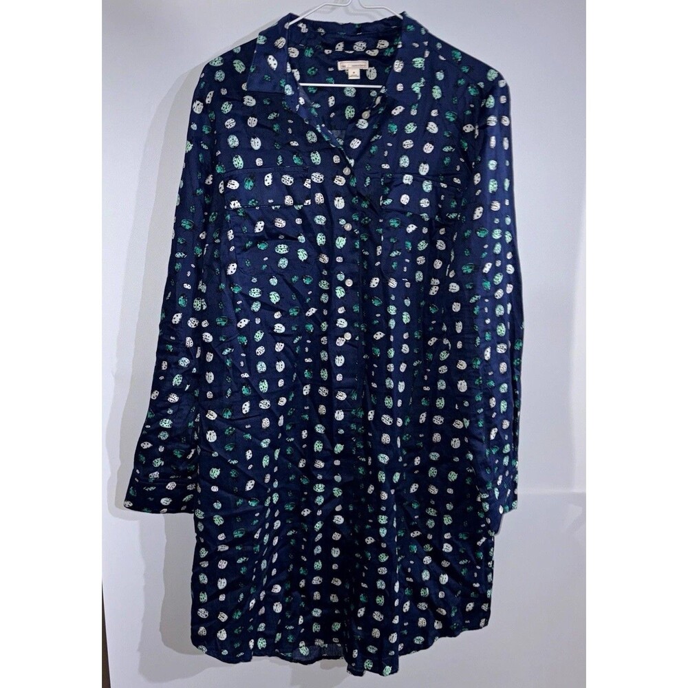 Gap Women’s Blouse M Blue/White/Green Ladybug Print Collared LongSlv Button